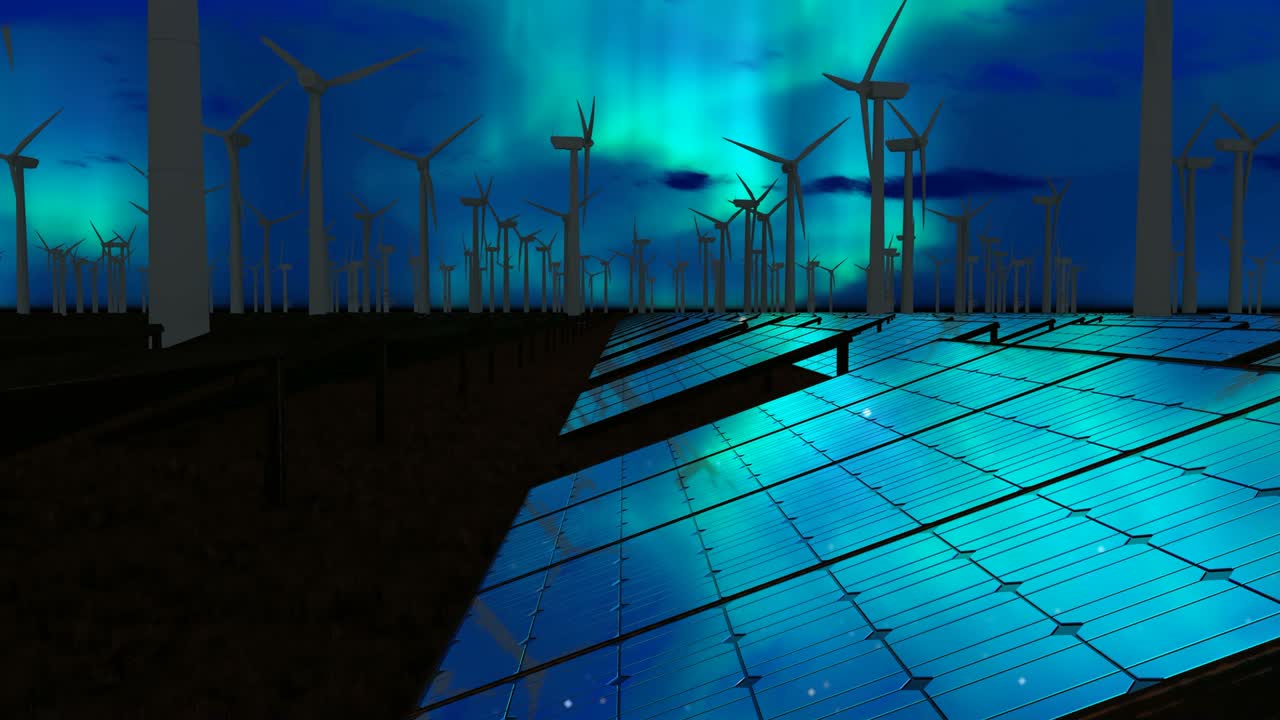 Aurora Borealis over solar panel and wind turbines field