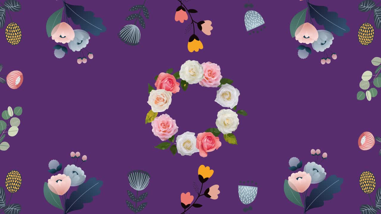 보라색 배경에서 최면 운동으로 움직이는 꽃의 애니메이션