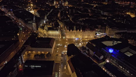 Prague-Czechia-Aerial-v93-birds-eye-view-of-Namesti-Republiky-capturing-night-cityscape-between-new-and-old-town-with-historic-architectural-and-city-lights---Shot-with-Mavic-3-Cine---November-2022