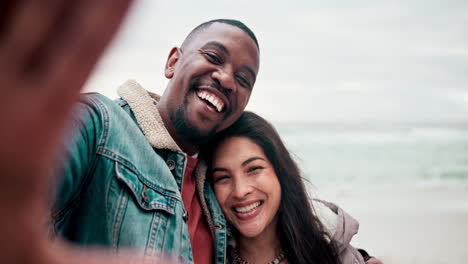 beach, selfie and face of happy couple in nature