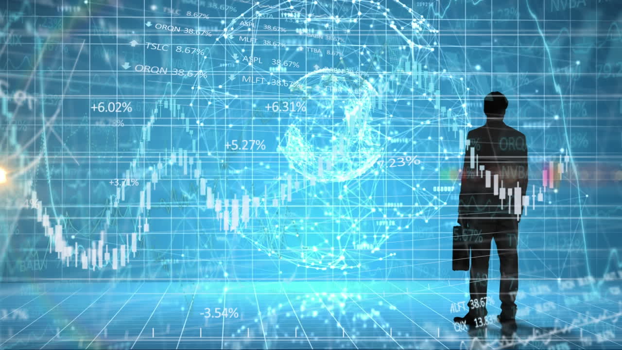 레인보우 렌즈 플레어 (rainbow lens flare) 는 비즈니스맨의 실루과 연결망의 세계 (globe) 에 대한 애니메이션입니다.