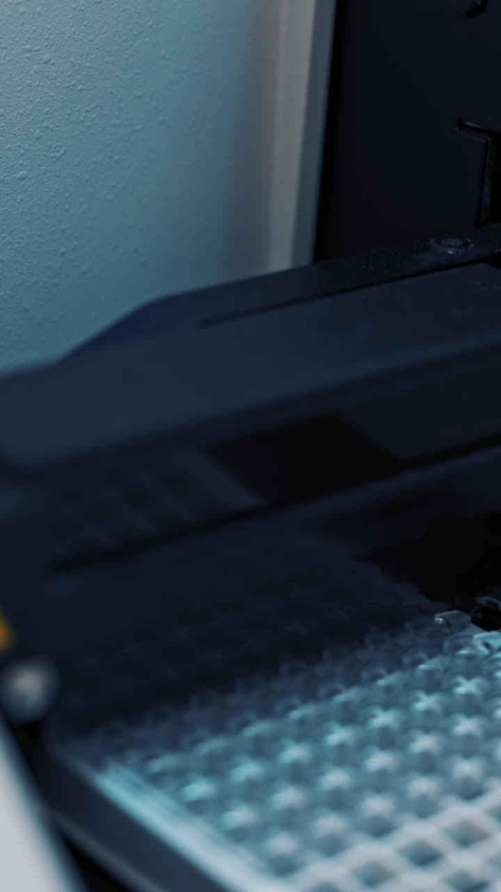 Blood research in scientific workplace. Professional medical analizer at the laboratory Vertical video