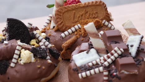 closeup of donuts decorated with special toppings