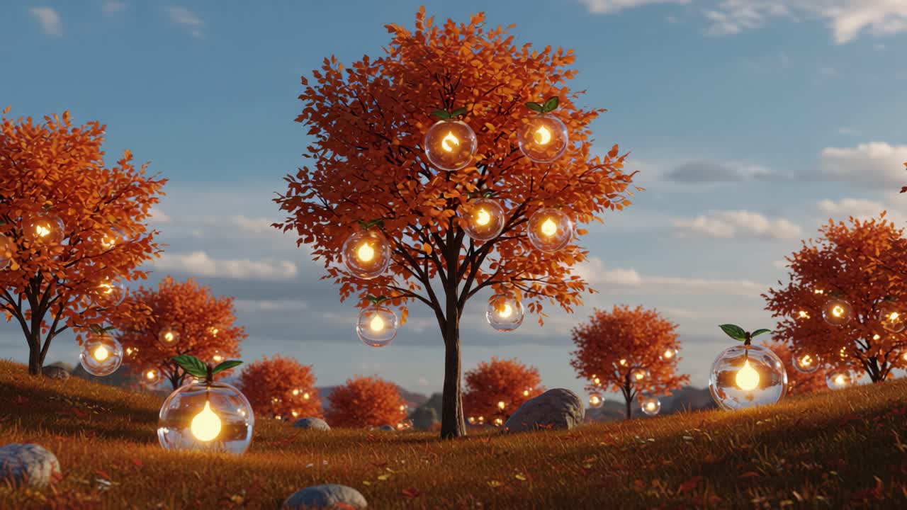 A Majestic Autumn Landscape Featuring Glowing Orbs and Vibrant Orange Trees, Creating a Magical Atmosphere Under a Bright Sky