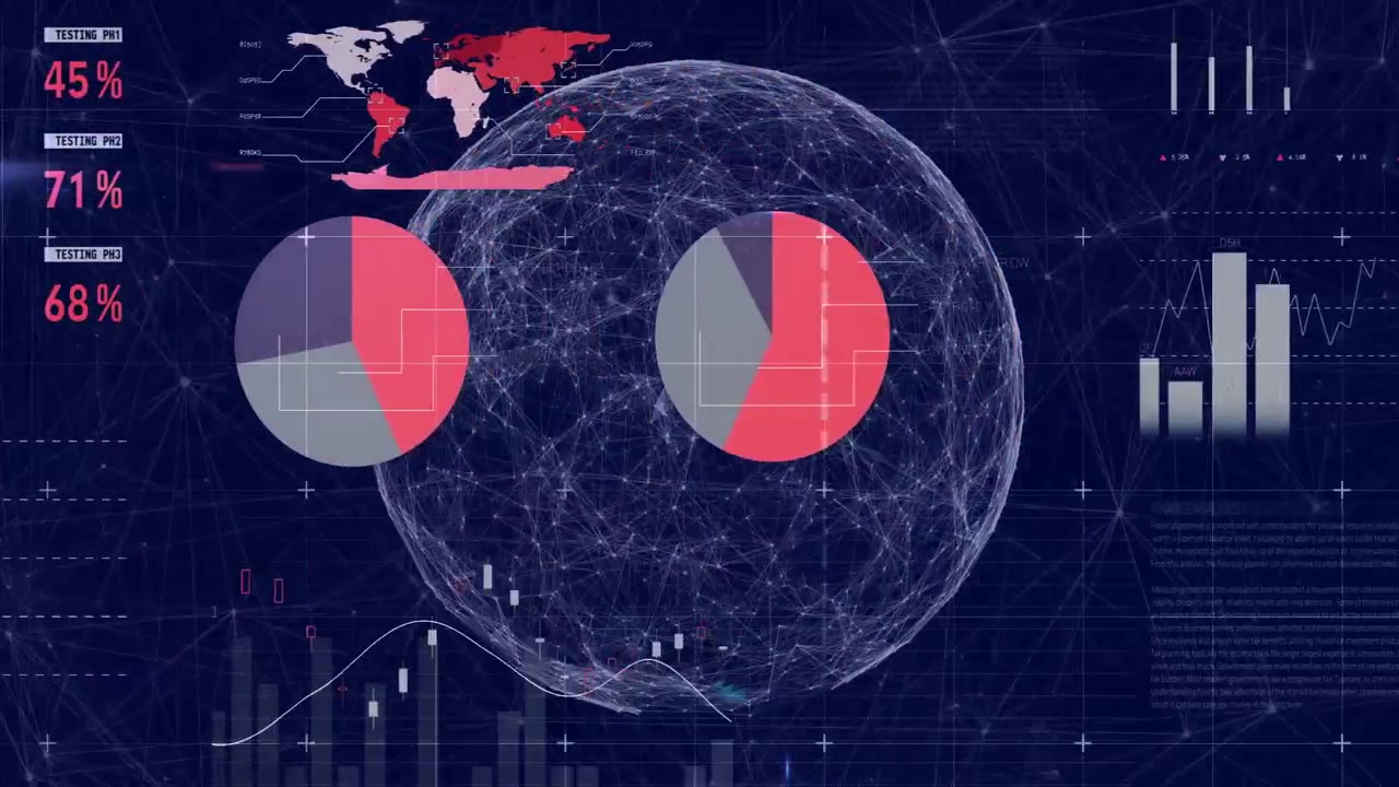 Data ping starting mesh globe centering HUD, pie charts growing, bars forming to show analytics