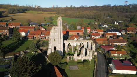 ruins of the church destroyed during world war i in ablain-saint-nazaire commune in france. - aerial shot