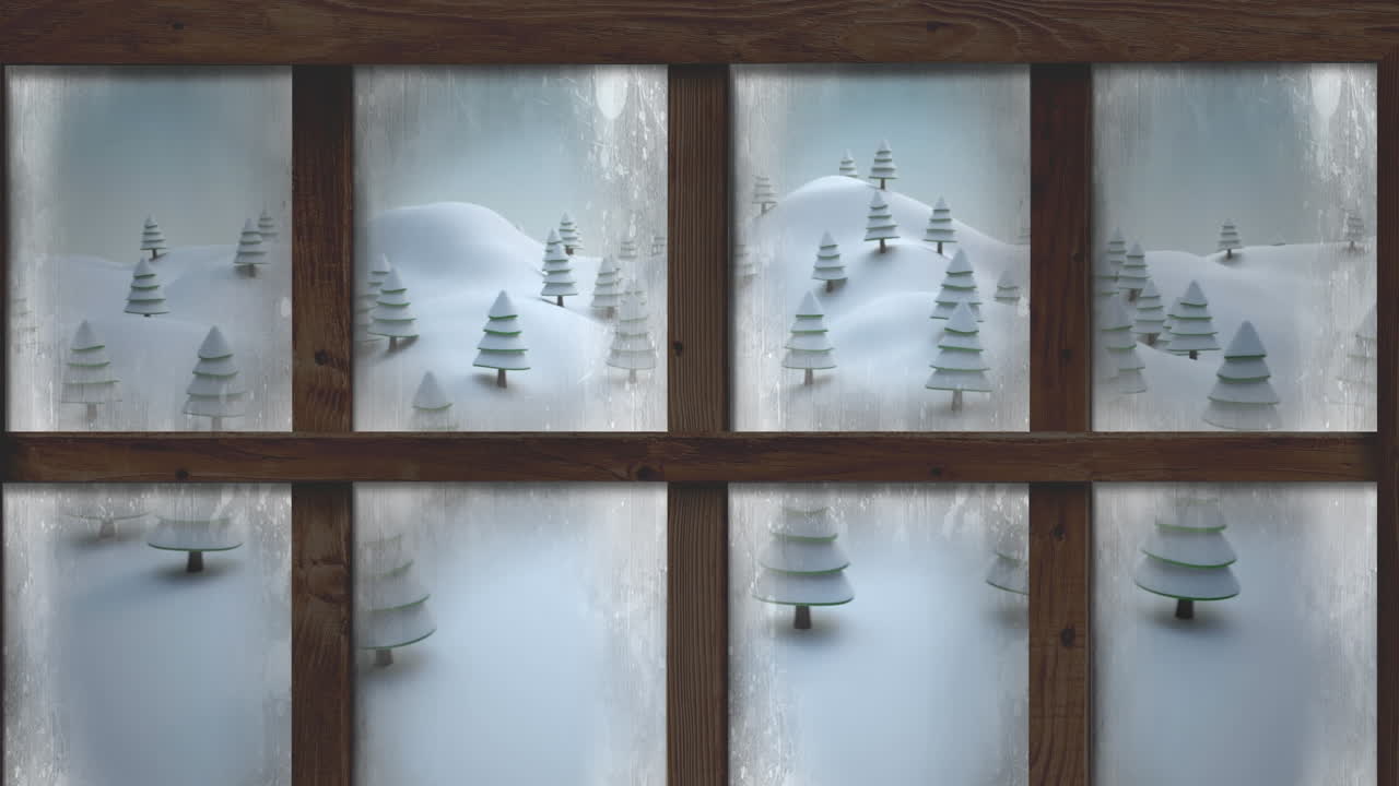 창문에서 볼 수 있는 소나무와 함께 크리스마스 겨울 풍경의 애니메이션
