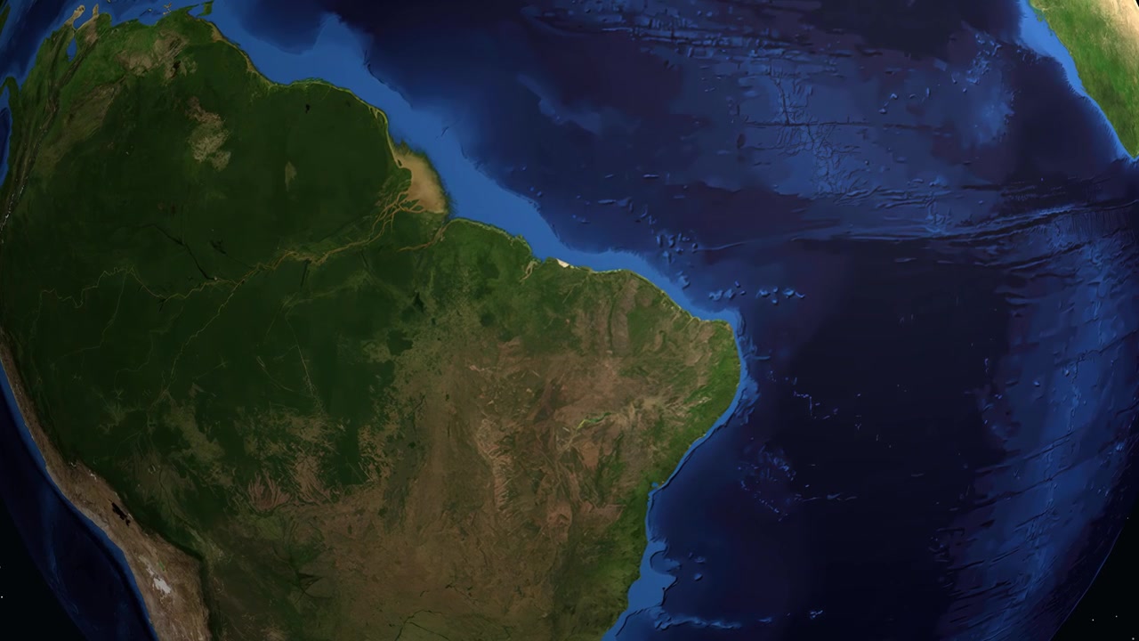 Globo digitale ruota e zooma dallo spazio su Teresina, Brasile, con precisi indicatori di coordinate.