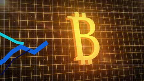 graphs moving over grid against golden bitcoin symbol