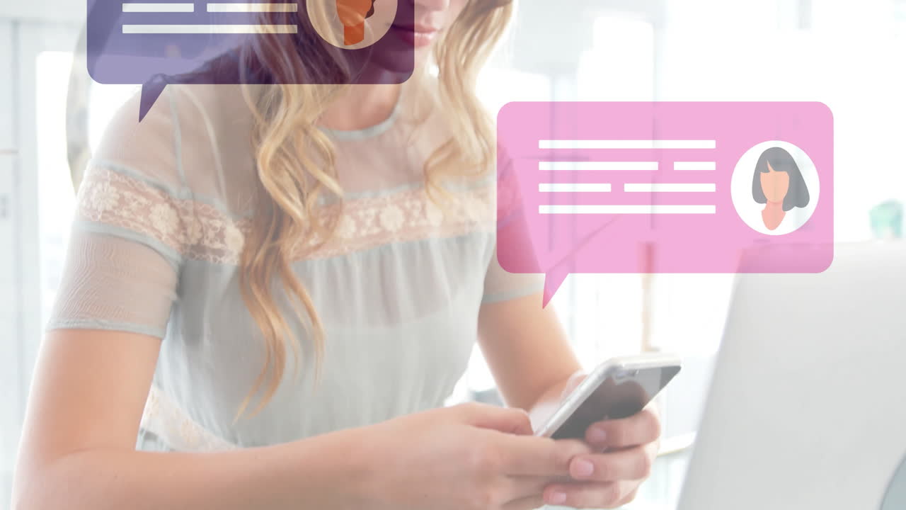 Texting on smartphone, woman with animation chat bubbles in school environment