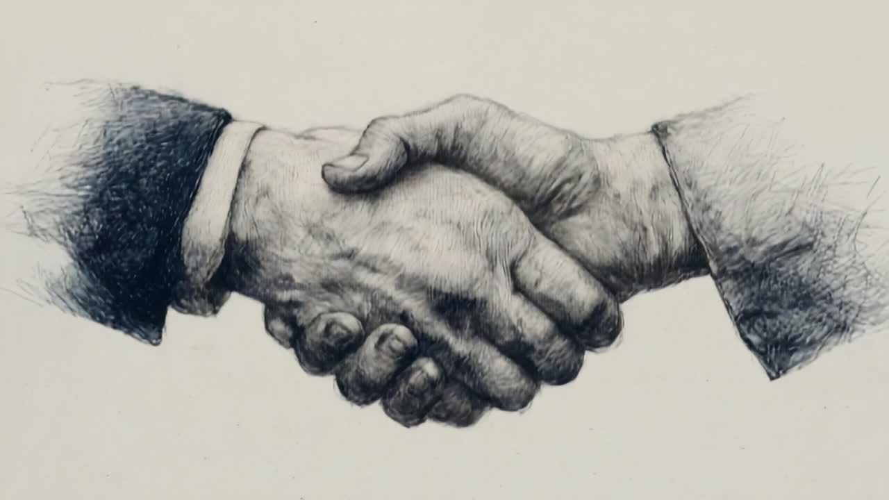 Animated drawing of two male hands shaking, symbolizing a deal, agreement, or partnership, which then slowly fades away, illustrating the concept of a broken promise or concluded business