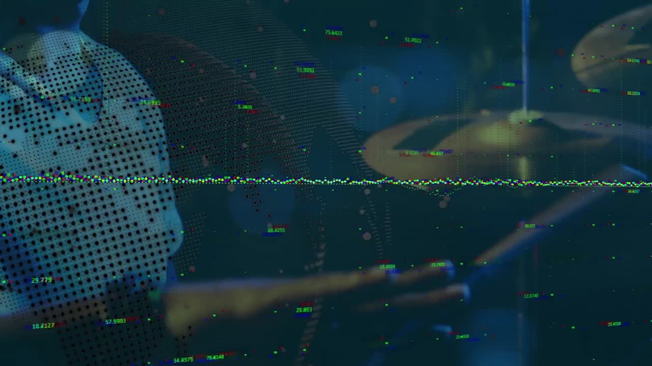 animación de procesamiento de datos y globo sobre baterista afroamericano masculino