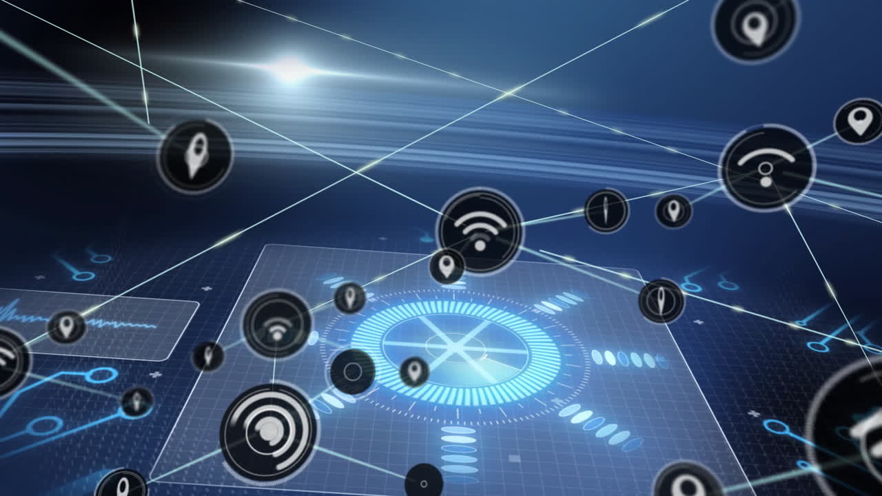 Animation of digital interface with network icons and data processing elements