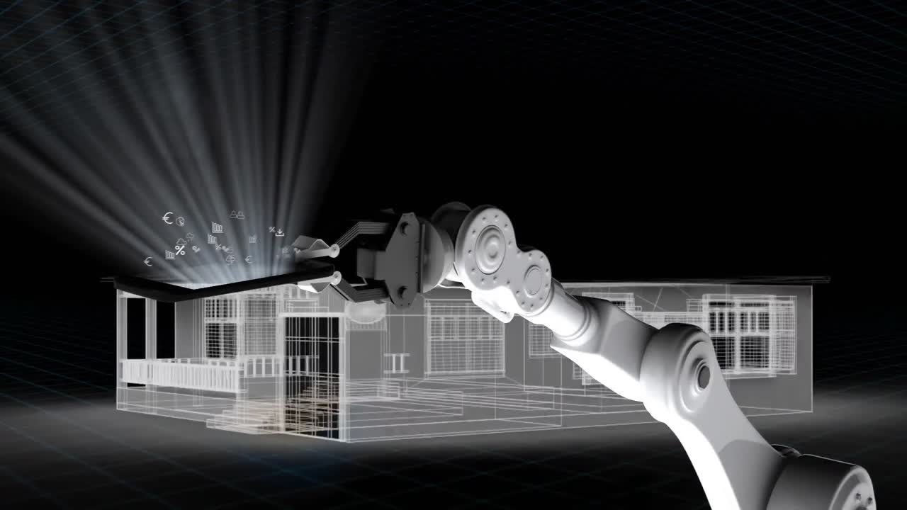 Animation of robot's arm over spinning house