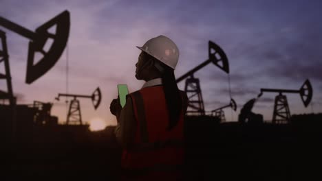 back view of asian female engineer with safety helmet inspects oil pumps at sunrise in a large oil field. using green screen smartphone and looking around