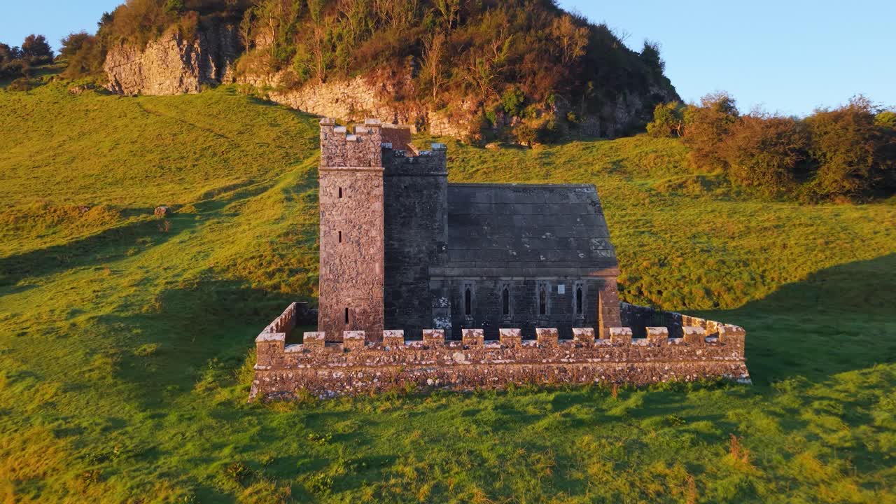 Anchorite's Cell During Sunset At Fore Abbey In County Westmeath, Ireland. Aerial Zoom In Shot