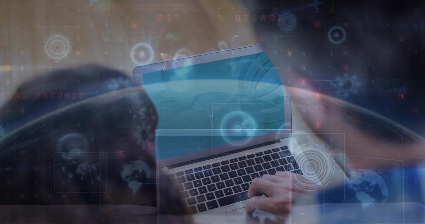 Animation of data processing over caucasian couple using laptop