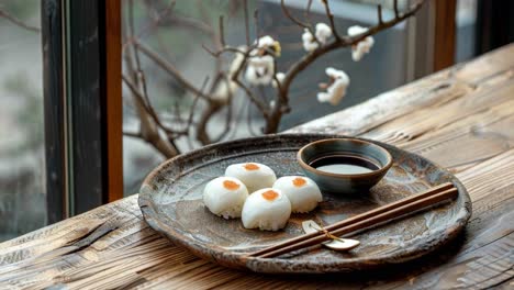 elegant sushi platter by a window with blossoms