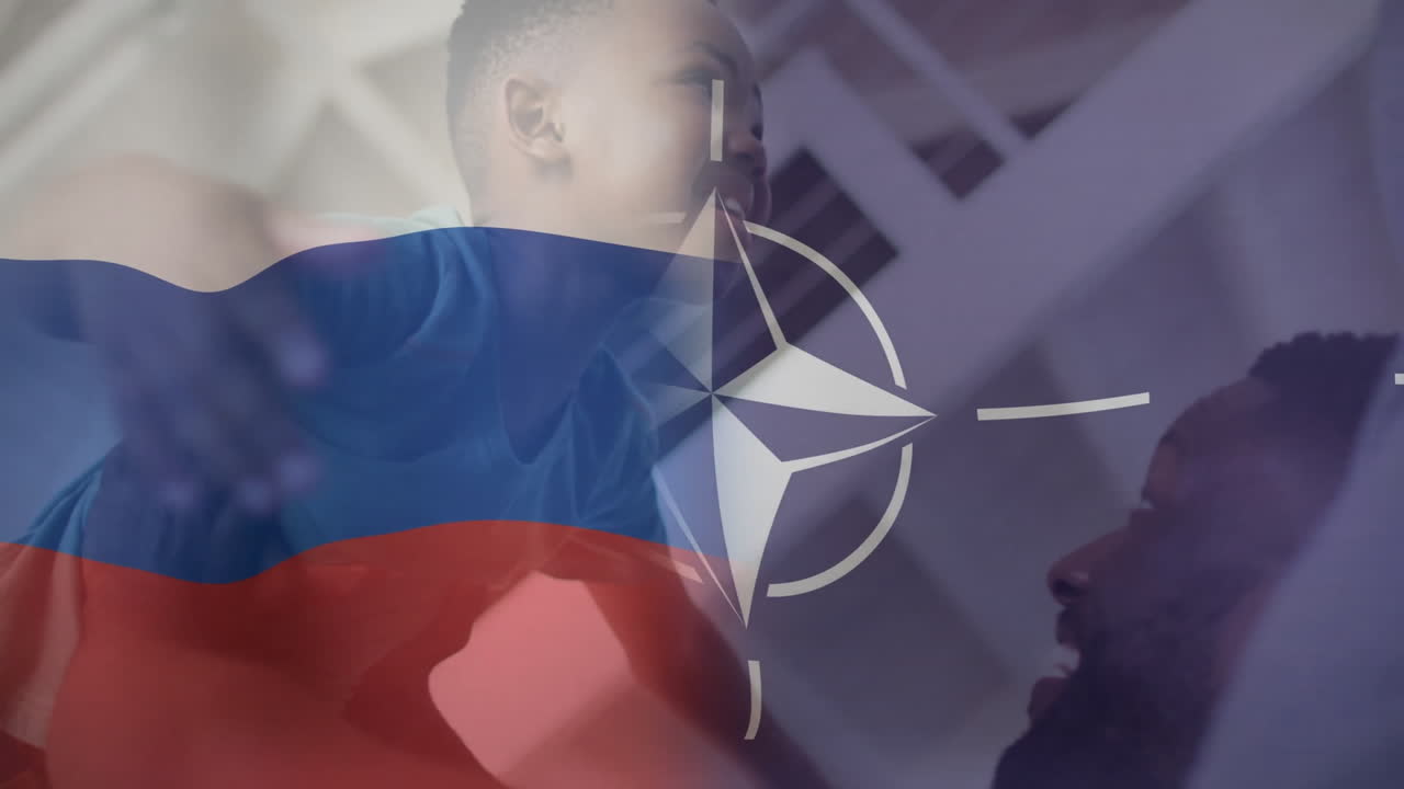 Animation of child playing with adult, Russian flag and NATO emblem overlay