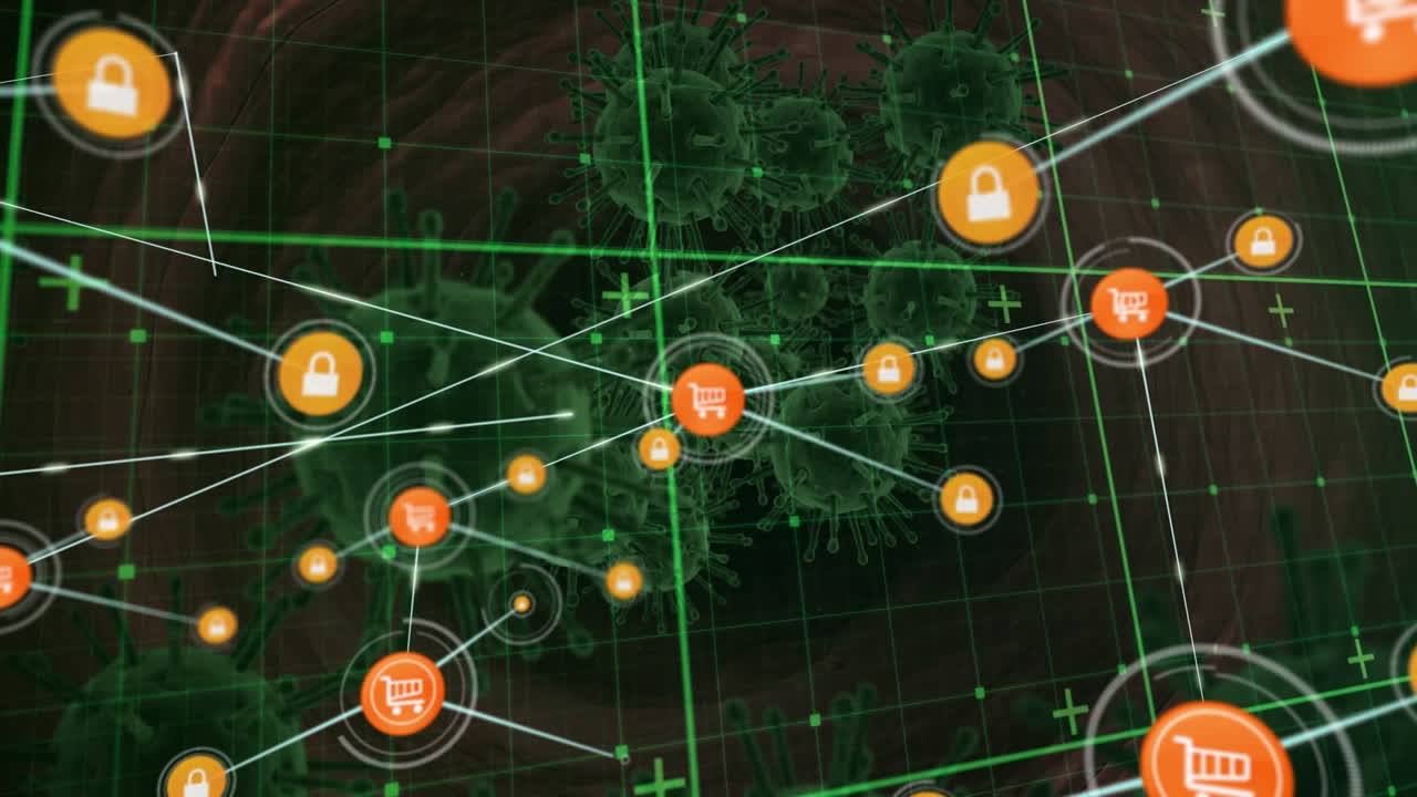 animación de la red de conexiones y células de covid 19 flotantes