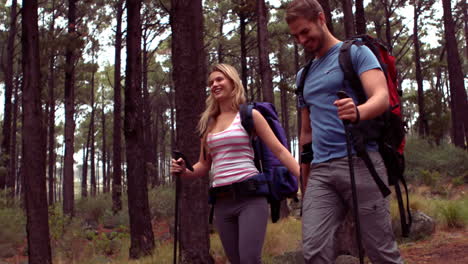 Couple-hiking-through-a-forest