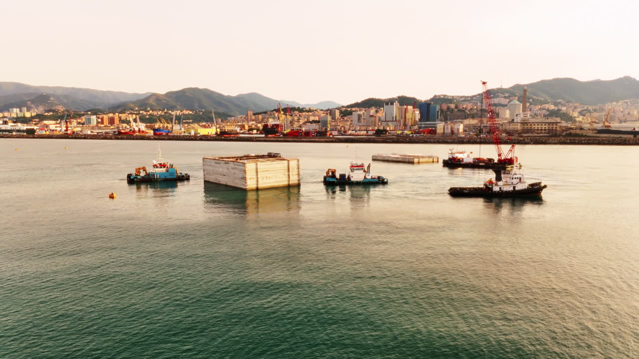 Several tug industrial boats operating in Genoa Italian port. Aerial at sunset