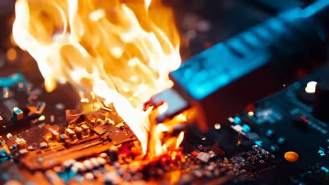 a close up of a burning circuit board with a soldering iron