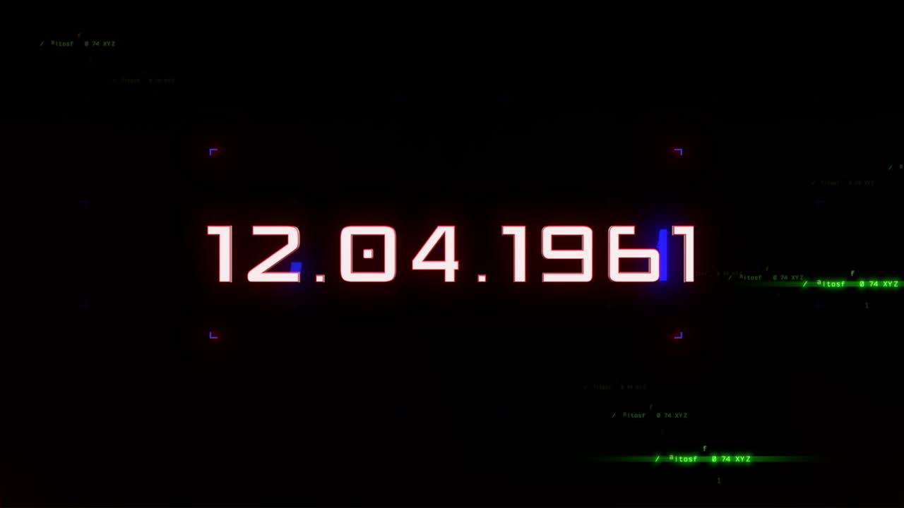 12.04.1961 с элементами hud на экране компьютера с эффектом глюка