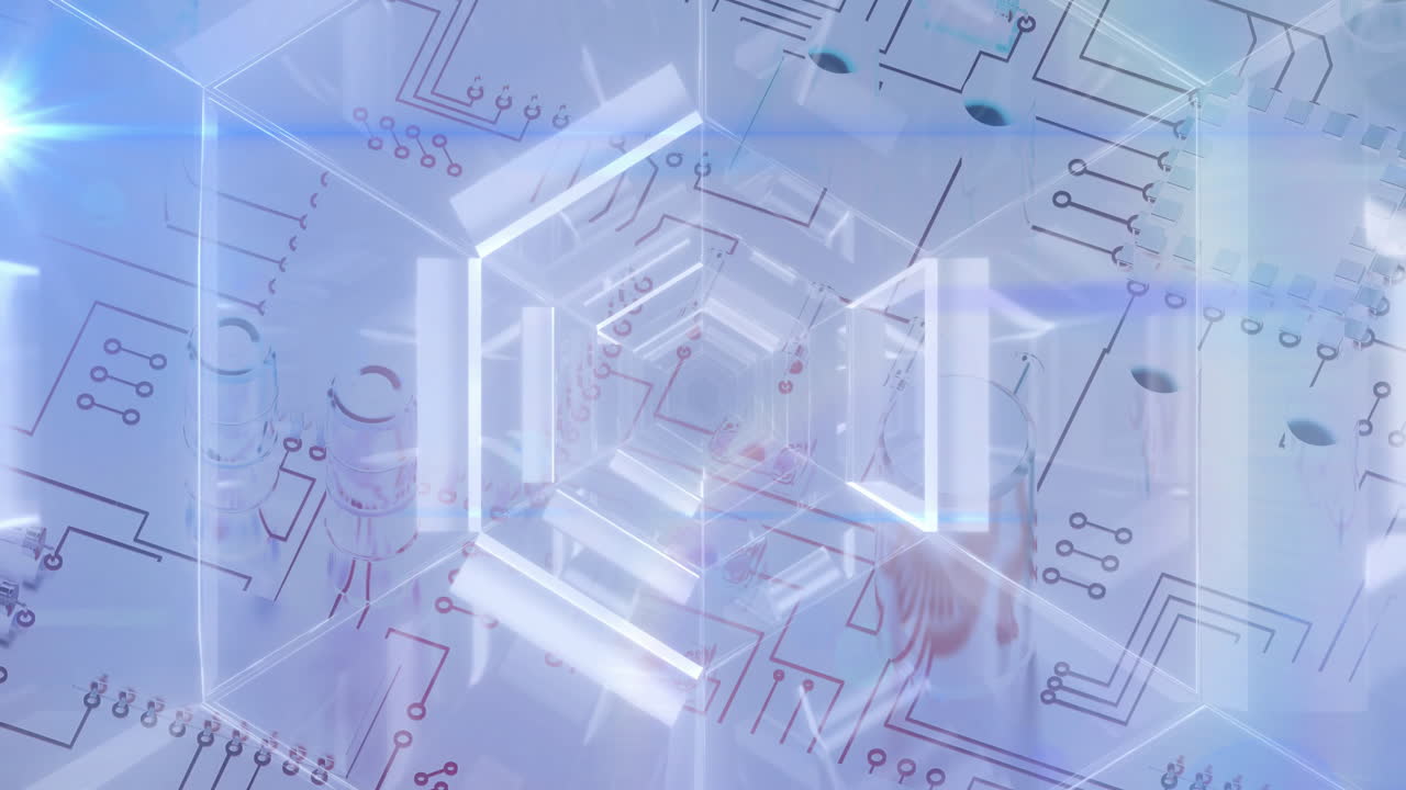 Creating digital tunnel effect, glowing lines and futuristic circuit board patterns