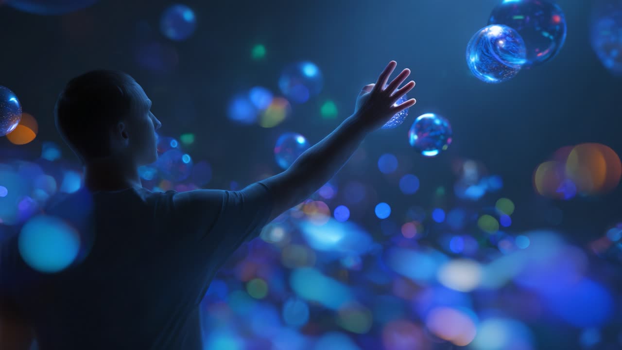 A person reaching out to ethereal bubbles in a vibrant, dreamlike atmosphere filled with swirling colors and soft light, evoking a sense of wonder and exploration