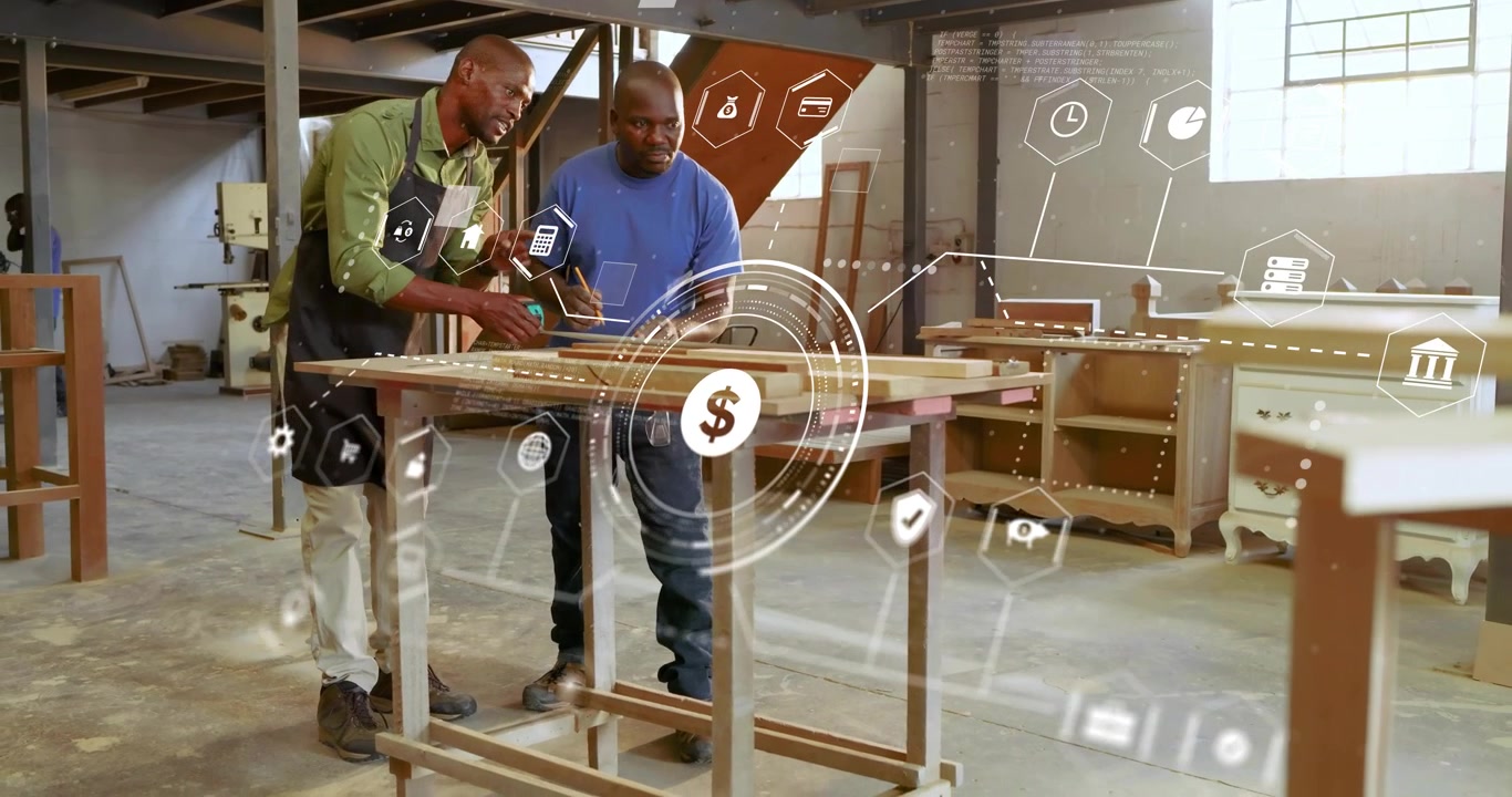 Woodworkers placing plank and activating HUD icons on device while discussing alignment plan
