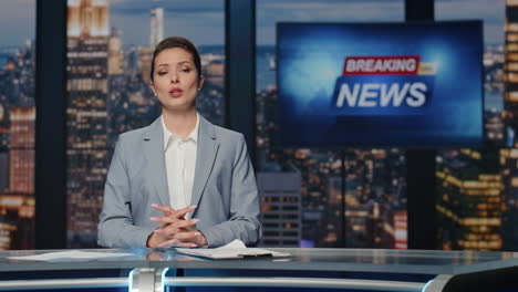 woman host presenting newscast standing tv stage near screen. lady breaking news