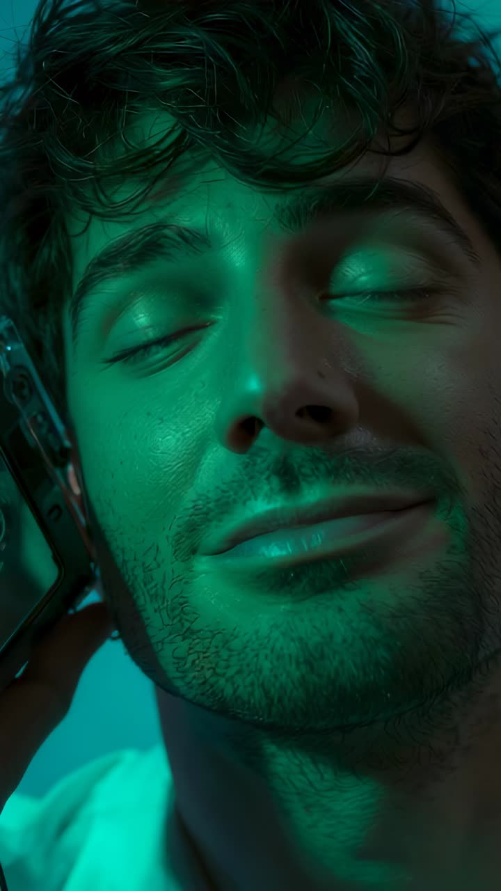 Vertical video: Holding phone, man taking call with eyes closed in teal room, clear case visible