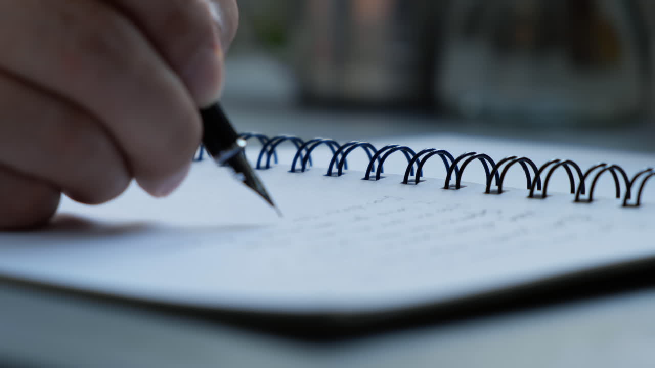 The male is writing on a white textbook with a pen on the desk