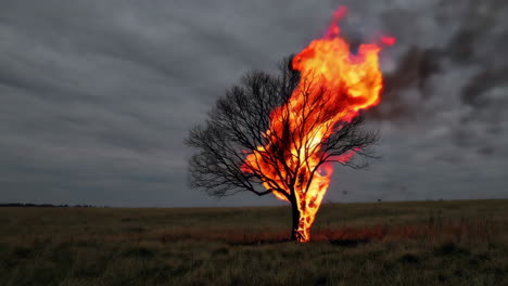 burning tree in a field