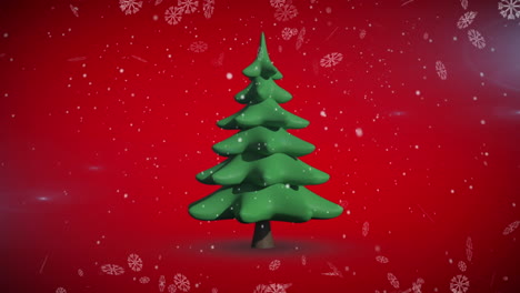 copos de nieve cayendo sobre el icono de árbol de navidad giratorio contra un fondo rojo