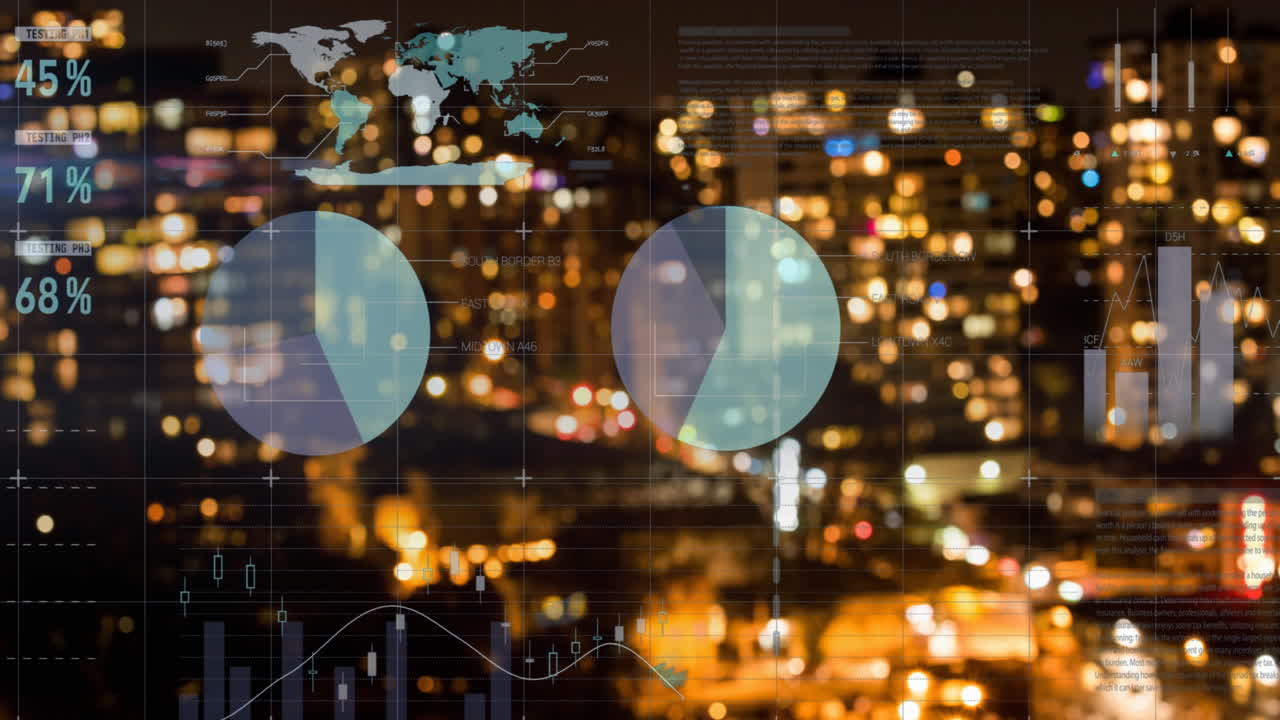 Animation of infographic interface over blurred illuminated modern city against sky