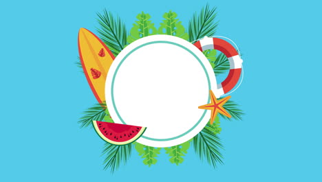 temporada de vacaciones de verano con iconos establecidos en un marco circular