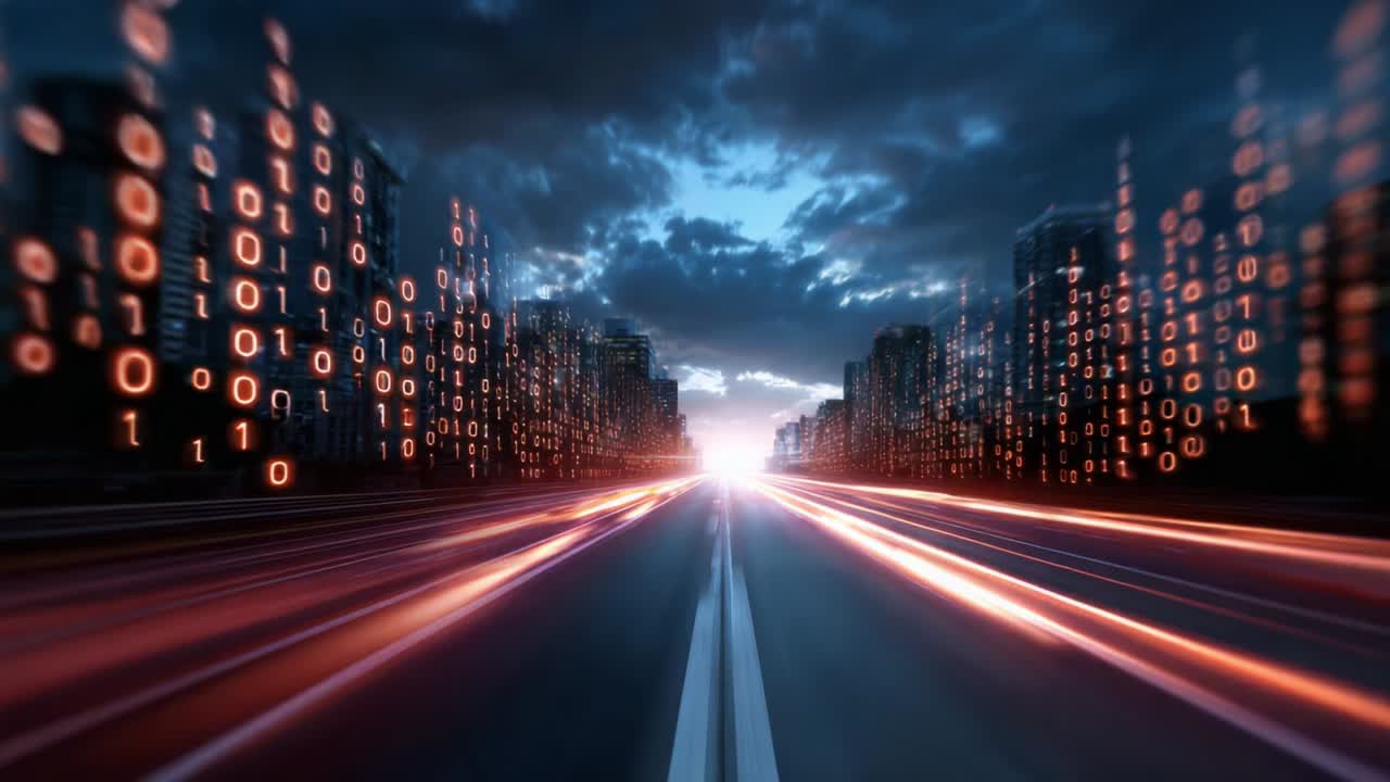 Un affascinante viaggio digitale lungo un'autostrada futuristica illuminata da codice binario fluente, che esplora i temi della tecnologia, dell'innovazione e delle infinite possibilità del regno digitale mentre il giorno si trasforma in notte.