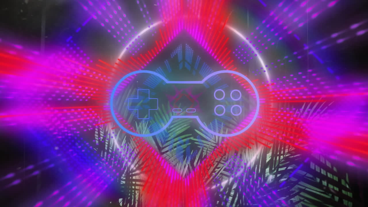 Controller da gioco al neon con animazione vivace e sfondo di foglie di palma