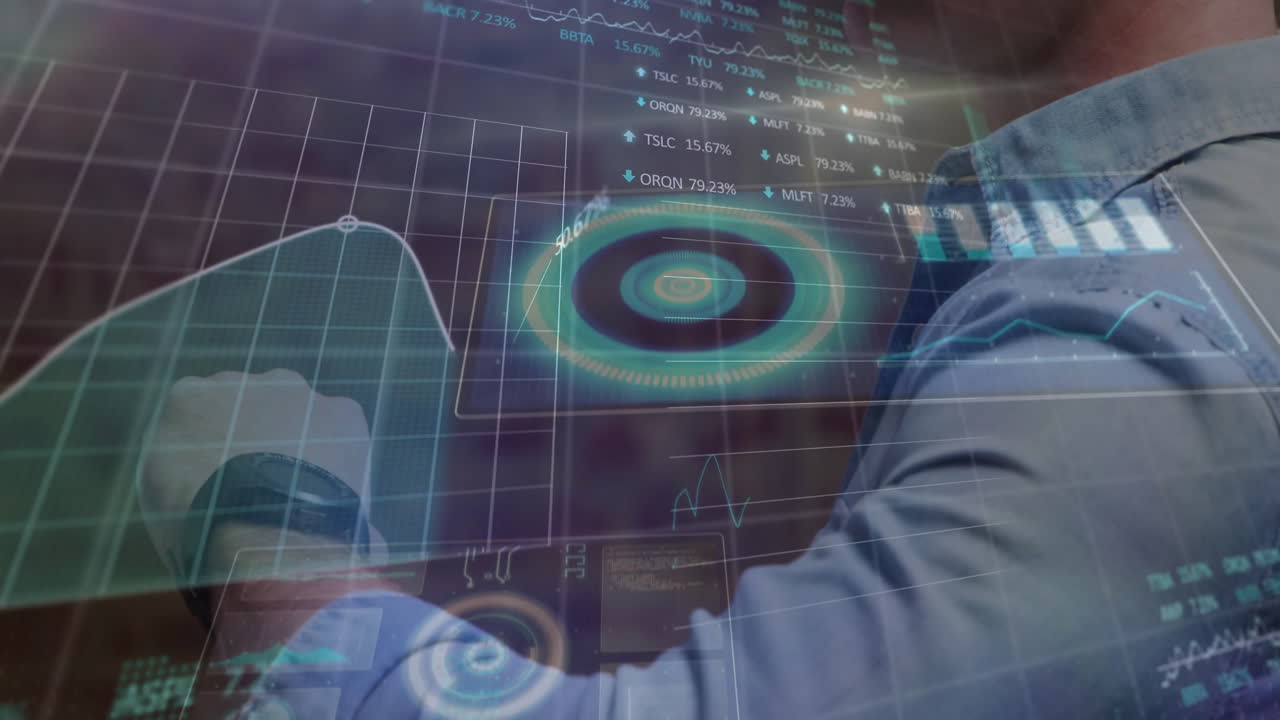 Man interacting with smartwatch while displaying floating holographic charts in tech office