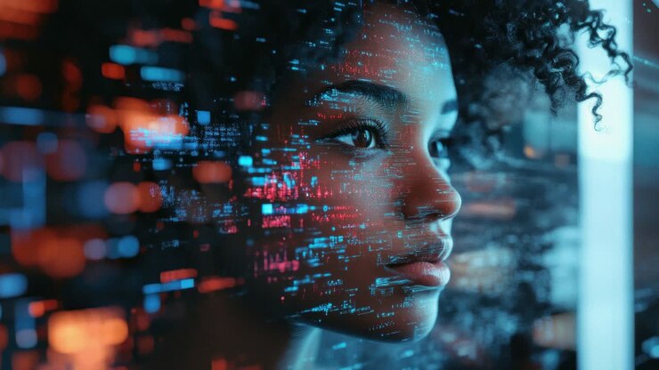 Un concetto video futuristico con un primo piano laterale del profilo di una donna, sovrapposto a un codice digitale