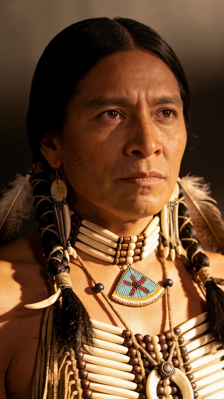 Vertikales Video: Blick wechselt zur Kamera, indigener Mann richtet sich im Studio auf, trägt eine Knochenhalskette.