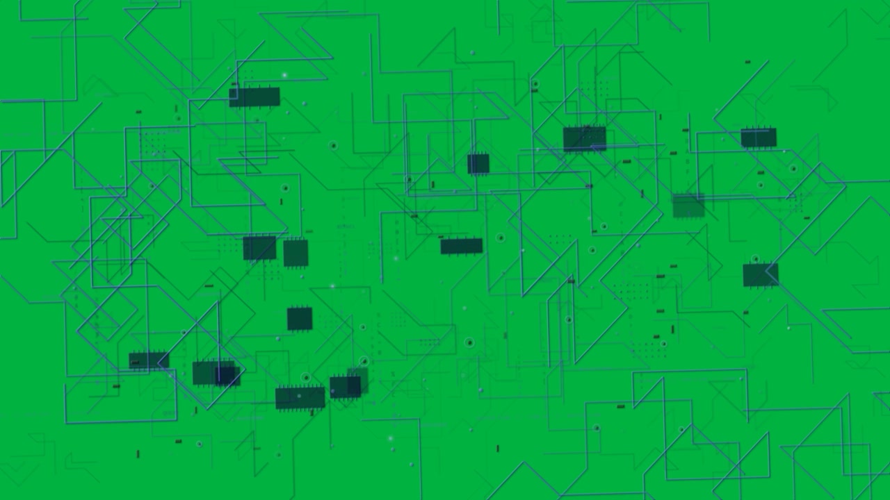 Neonlinje, der starter et kredsløbsnet med voksende noder og pulserende IC'er på et transparent lærred, der viser vækst.