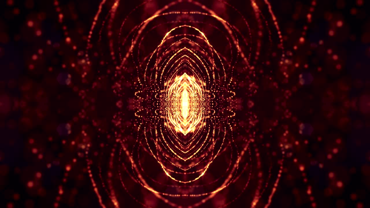 animación de bucle 3d como fondo de ciencia ficción de partículas brillantes con profundidad de campo y bokeh para bucle vj. las partículas forman línea y cuadrícula de superficie. v9 oro rojo