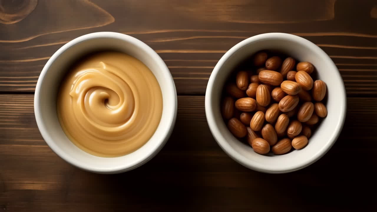 Peanut Butter and Peanuts in Bowls on a Wooden Surface