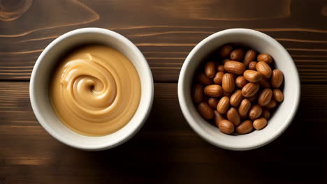 peanut butter and peanuts in bowls on a wooden surface