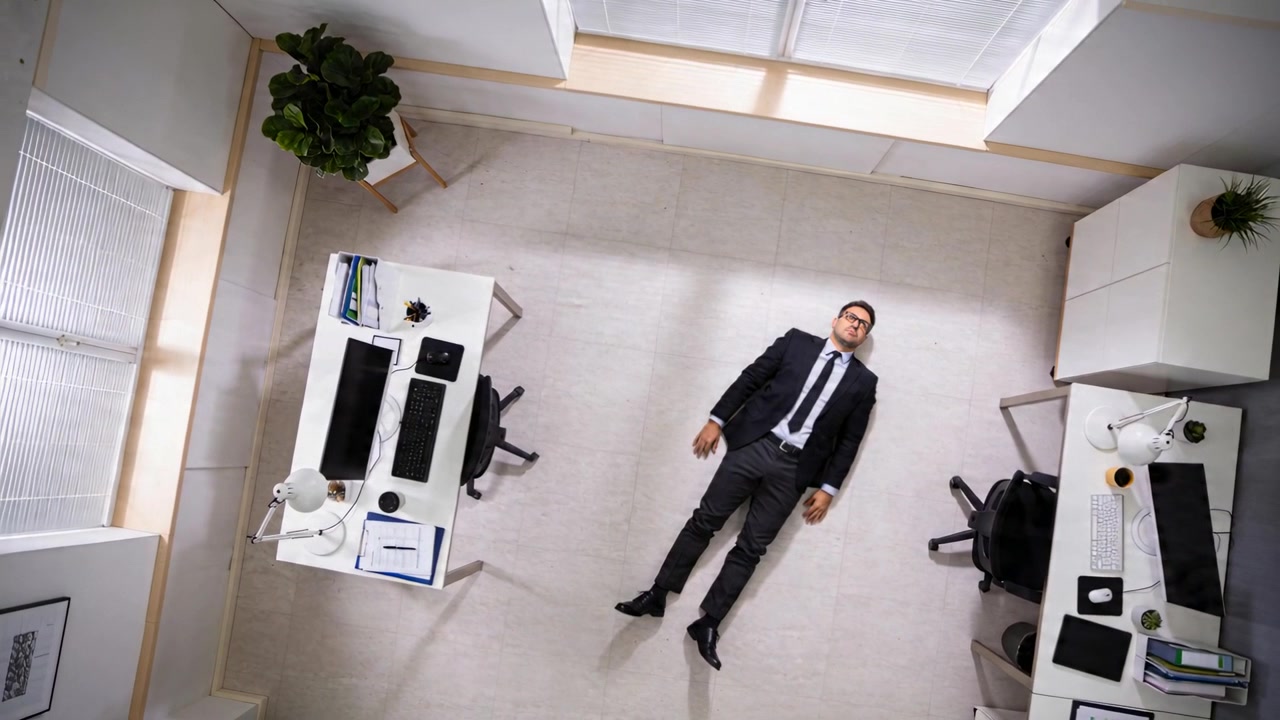 Uomo in giacca e cravatta ripreso mentre è sdraiato sul tappeto dell'ufficio, muovendo la testa e aggiustando la gamba, con monitor.
