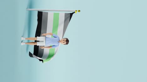 Male-animation-in-front-of-Agender-flag-while-waving,-with-a-blue-background,-vertical-version