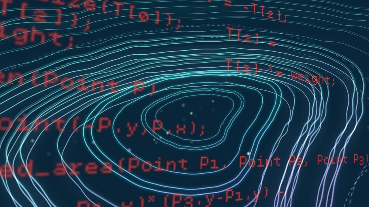 Creating dynamic data visualization, flowing lines with red code text animation